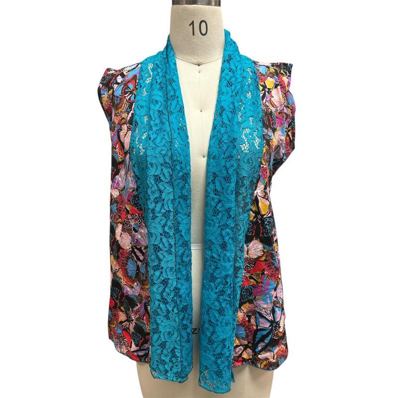 Women Red Multi Butterfly Lace Scarf Open Front Cardigan Vest FC51 image