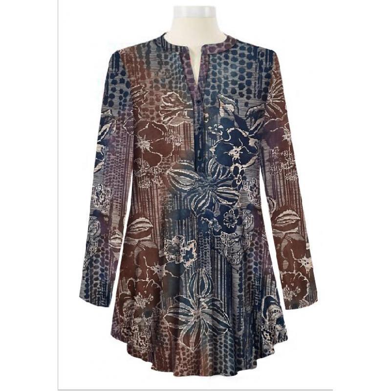 Women's Mountain Floral Abstract Burnout Three Button Up Tunic image