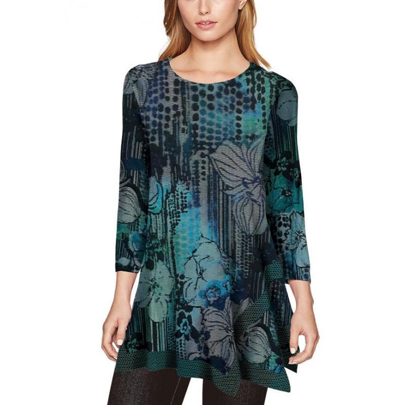 Women's Blue Ocean Jungle Green Burnout Button Net Trim Asymmetrical Round Neck Tunic image