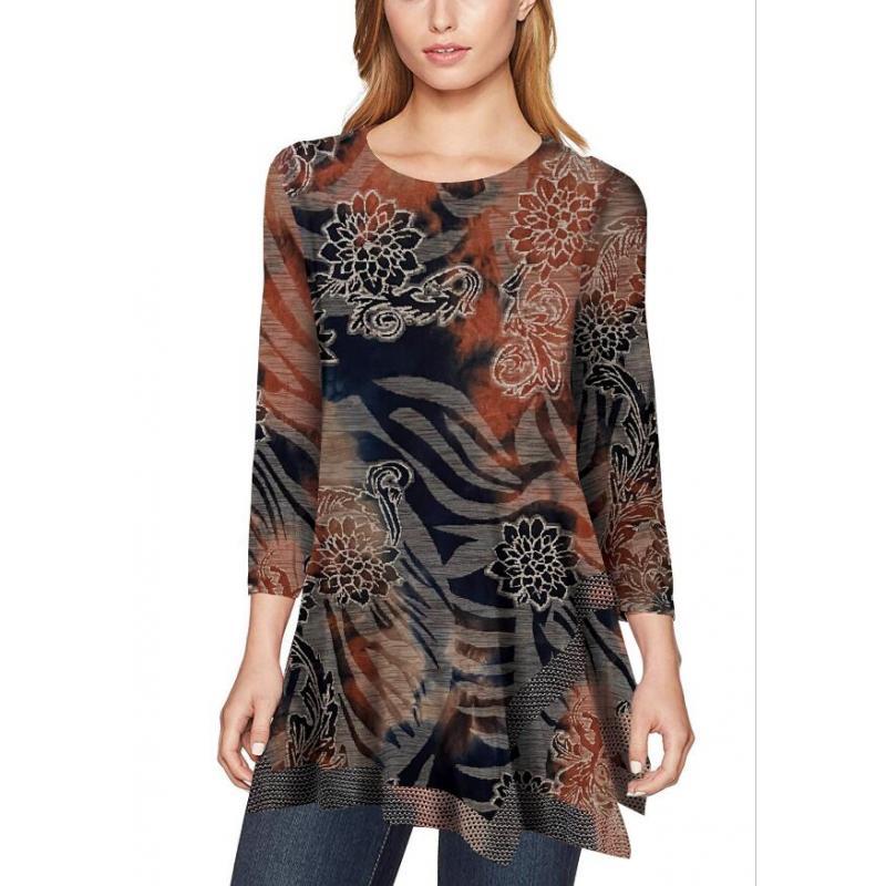 Women's Burnout Button Trim Asymmetrical Round Neck Tunic image