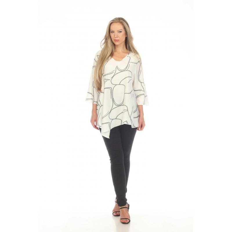 Women's B/w White with Black Strip 3/4 SLV V Neck Tunic (KE57) image