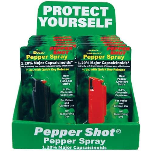 Pepper Shot 1.2% MC Hard Case Pepper Spray Mixed Color Counter Display - 12-Unit Assortment, Black, Pink, Red, Stream Spray, Ready-to-Sell Retail Display for Dealers image