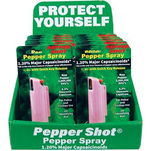 Pepper Shot 1.2% MC Hard Case Pepper Spray Pink 12-Unit Counter Display - Stream Formula, Retail-Ready Merchandising, Wholesale Dealer Pack image