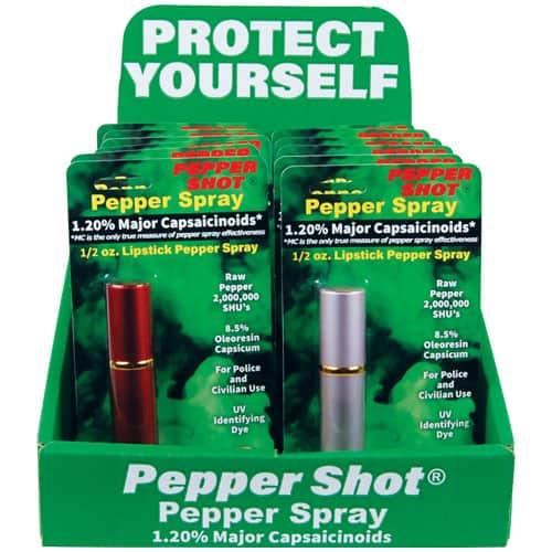 Pepper Shot 1.2% MC Lipstick Pepper Spray Mixed Color 12-Unit Counter Display - 4 Black, 4 Red, 4 Pink, Stream Formula, Retail-Ready Wholesale Pack image