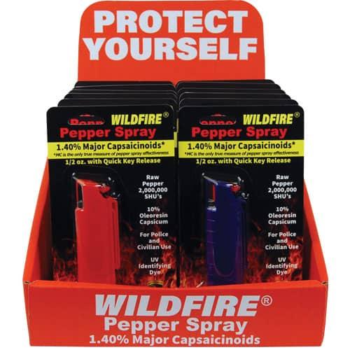 WildFire 1.4% MC Hard Case Mixed Color Pepper Spray Counter Display - 12-Unit Set, 4 Black, 4 Pink, 4 Red, Stream Pattern, Belt Clip image