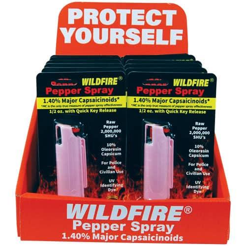 WildFire 1.4% MC Hard Case Pink Pepper Spray Counter Display - 12-Unit Retail Set, Stream Pattern, Belt Clip & Hard Case, High-MC Formula image