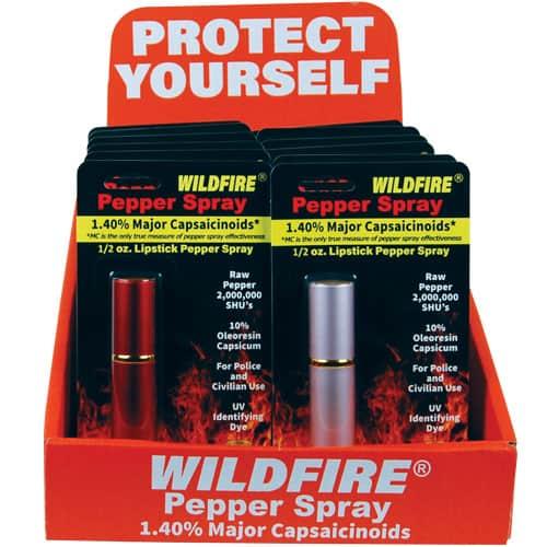 Wildfire 1.4% MC Mixed Lipstick Pepper Spray 12-Unit Counter Display - 4 Black, 4 Red, 4 Pink, Stream Formula, Discreet Design image