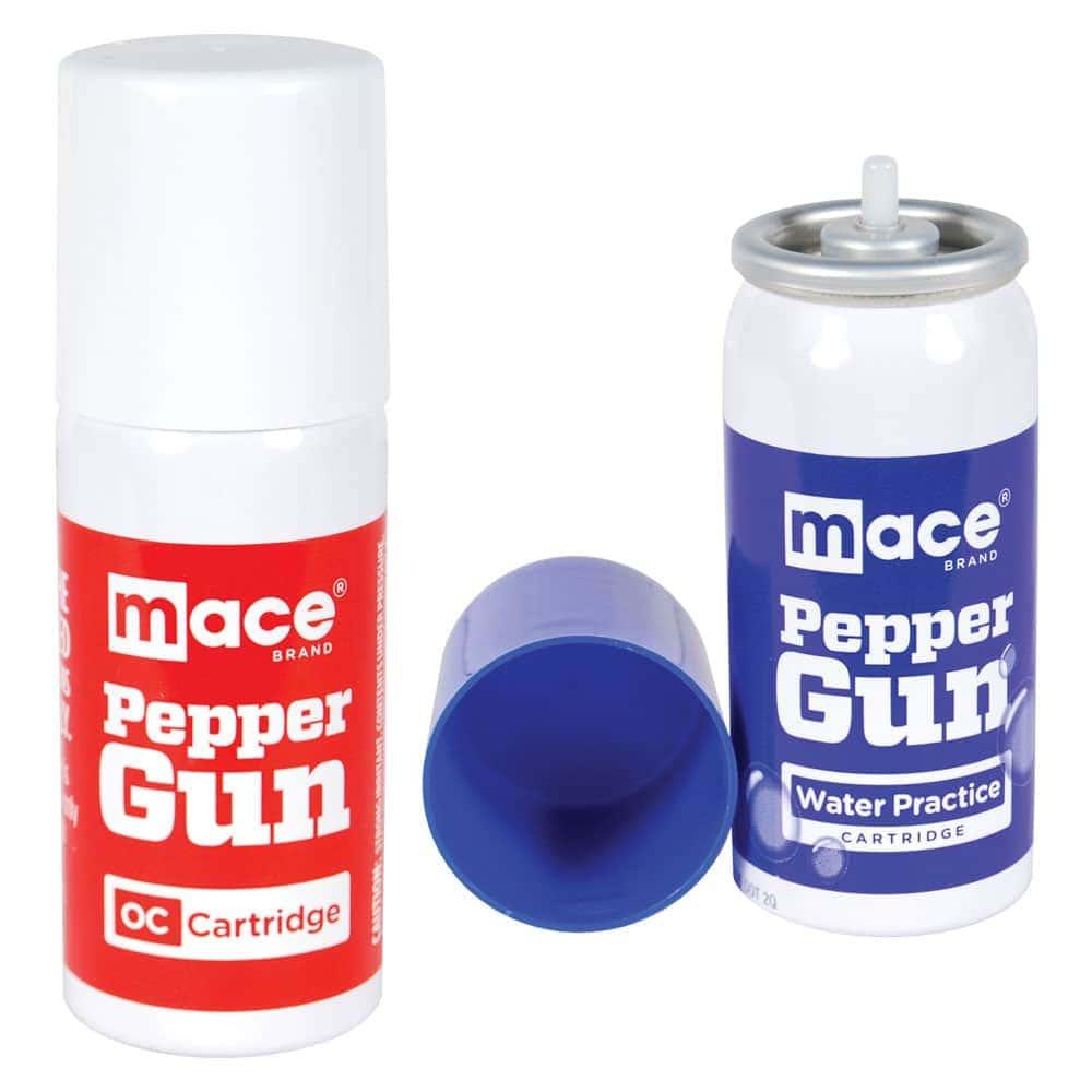 Mace Pepper Gun OC and Water Practice Refill Dual Pack - One 0.99 oz OC Cartridge Plus One Water Training Cartridge, 20-Foot Range, Fits Mace Pepper Gun 2.0 image