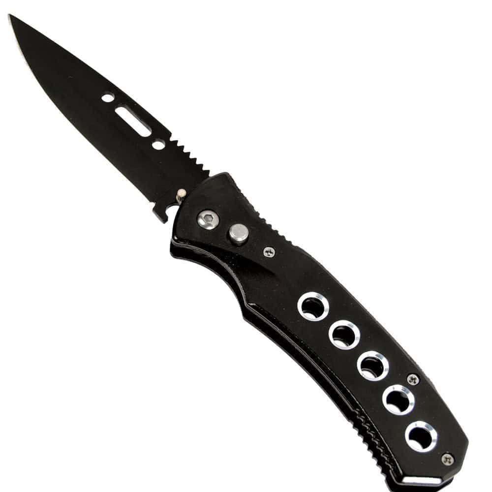 Safety Technology Automatic Heavy Duty Knife 8 Inch - 3.5″ Blade, 5-Hole Stainless Steel Handle, Safety Lock, Black, ST-AK-101 image