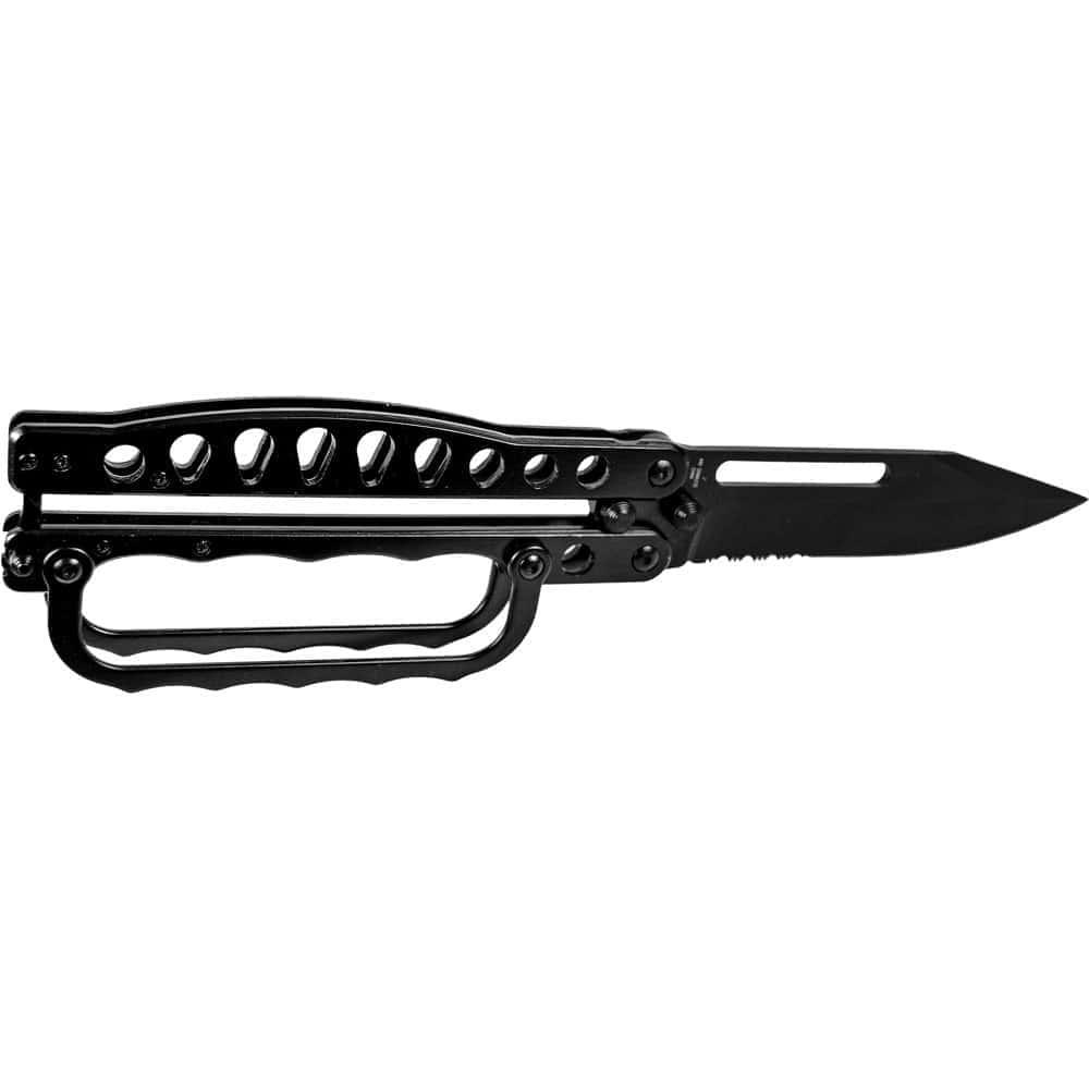 Butterfly Trench Knife with Knuckle Guard - All-Metal Construction, 5-Inch Serrated Blade, Latch Safety, 11-Inch Overall Length, Available in Black and Plasma