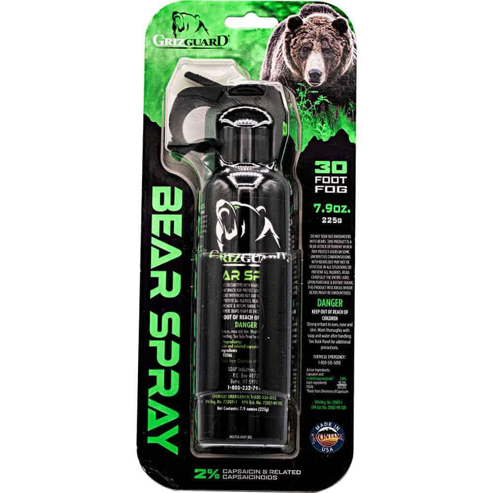 GrizGuard Bear Spray 7.9 oz - 30-Foot Fogger, Safety Clip, Hip Clip Holster, Glow-in-the-Dark Safety Wedge, 32-Page Bear Safety Booklet Included