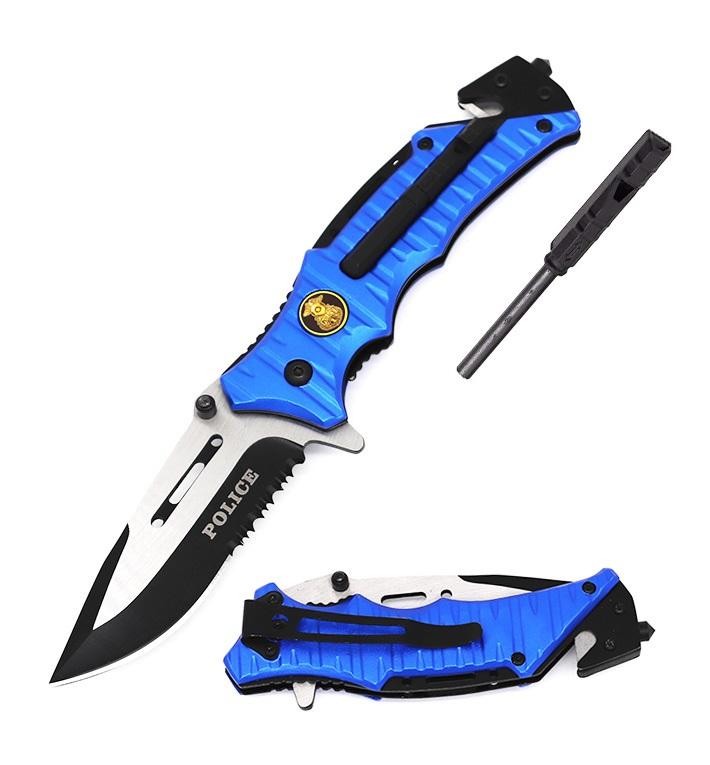 PD Tactical Folding Spring Assisted Knife with Firestarter and Whistle