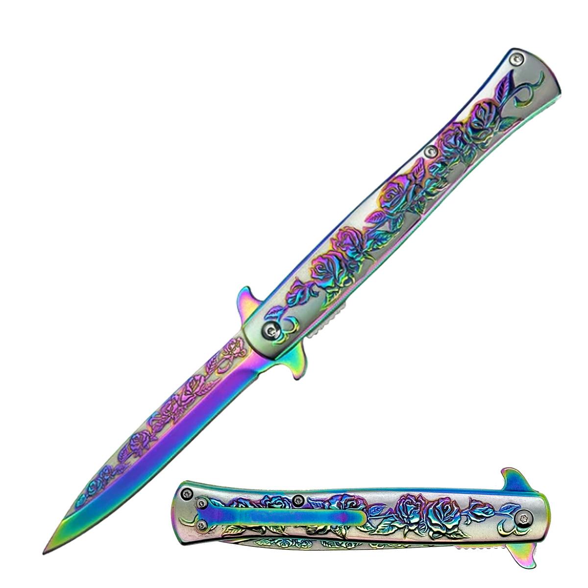 9" Luxury Rainbow Rose Design Spring Assisted Open Folding Pocket Knife