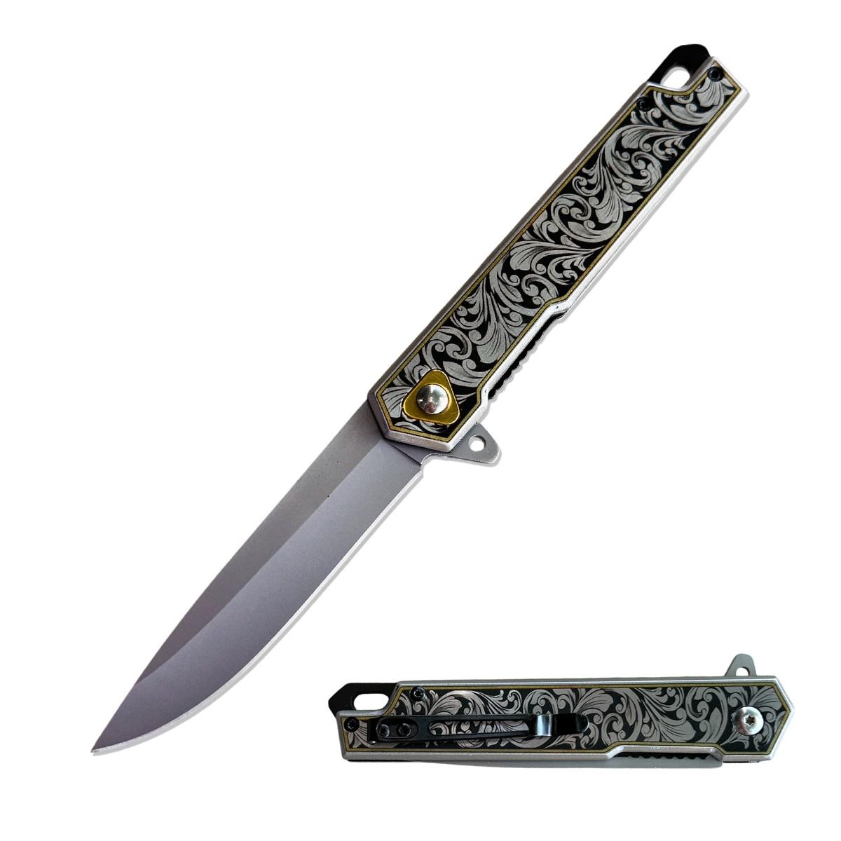 8.25" Decorative Silver Floral Pattern Handle Spring Assist Open Folding Pocket Knife image