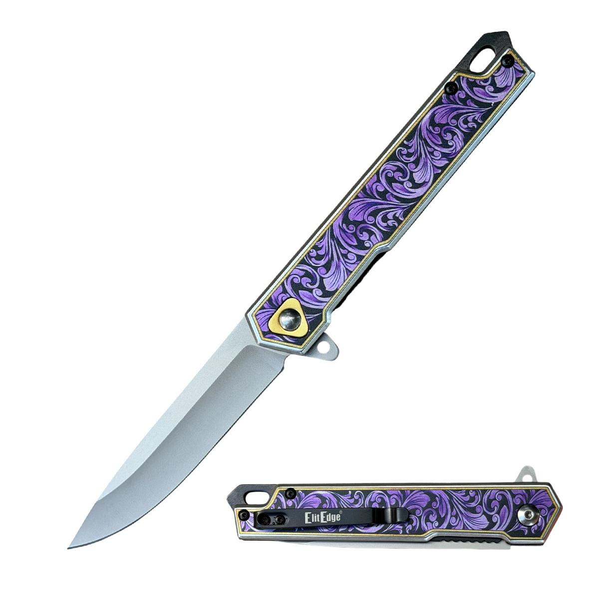 8.25" Decorative Purple Floral Pattern Handle Spring Assist Open Folding Pocket Knife image