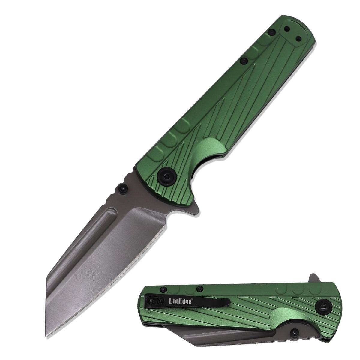 Wharncliffe Cleaver Grey Blade Spring Assisted Pocket Knife Green Handle image