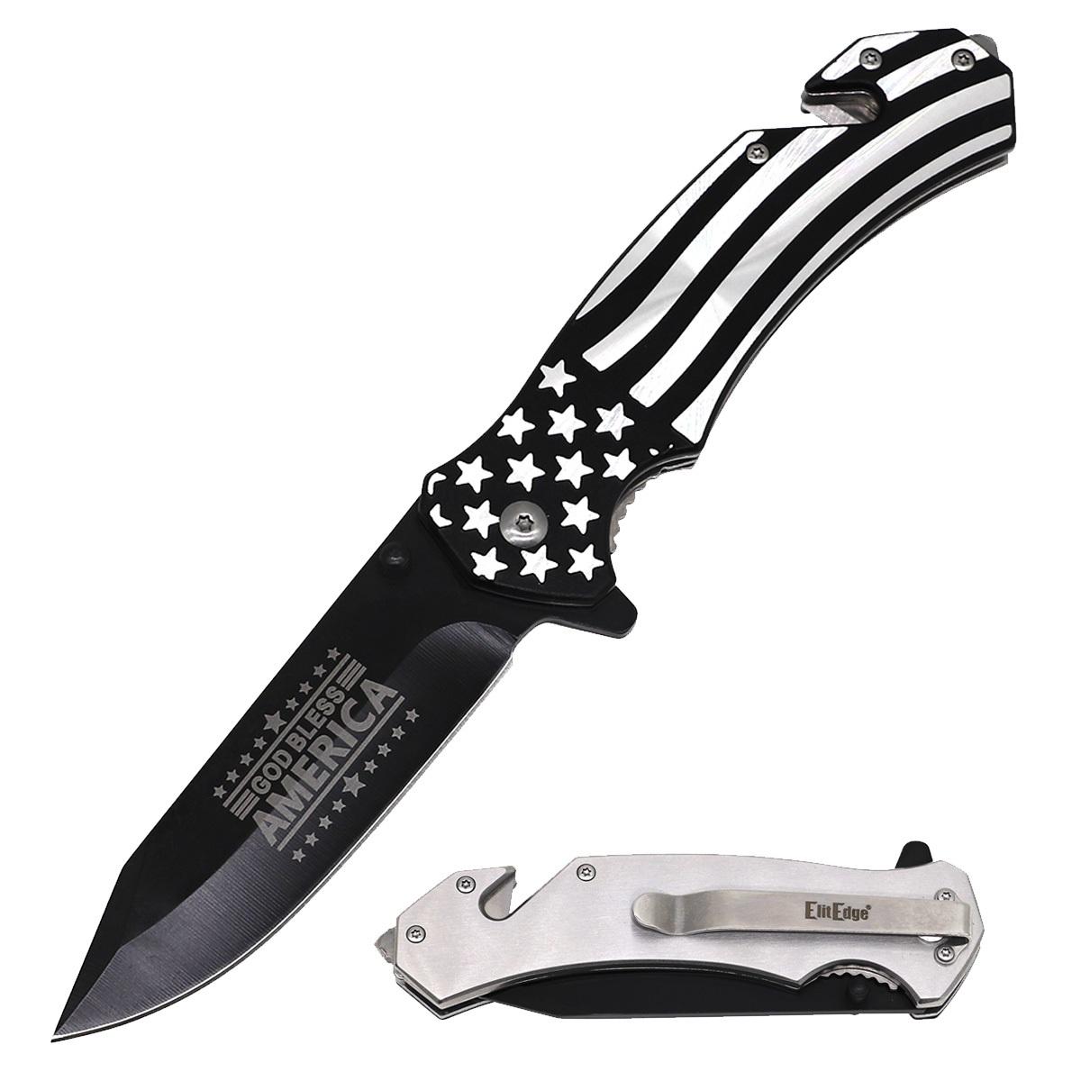 God Bless America Flag Patriotic Rescue Spring Assist Pocket Knife image