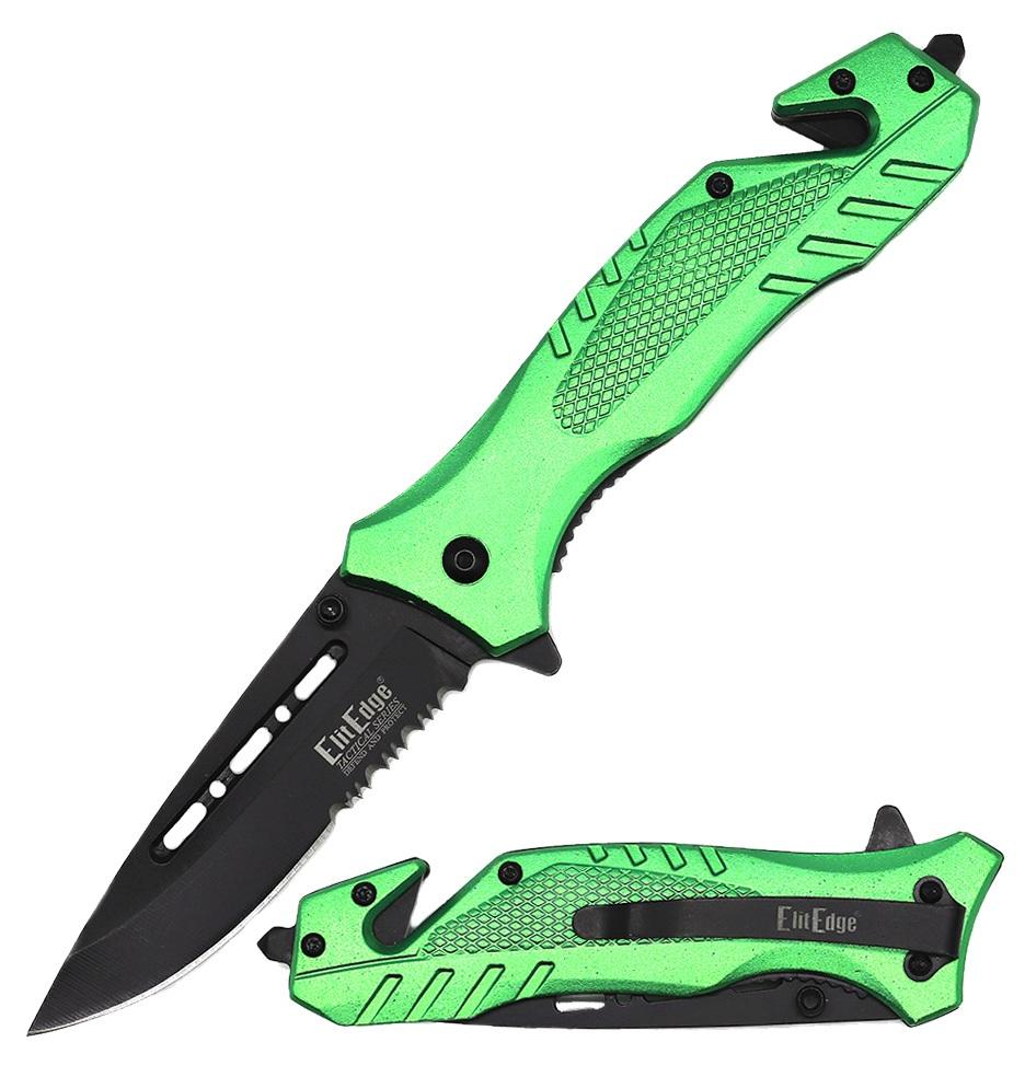 4.75" Closed Green Aluminum Handle Tactical Rescue Spring Assist Knife image