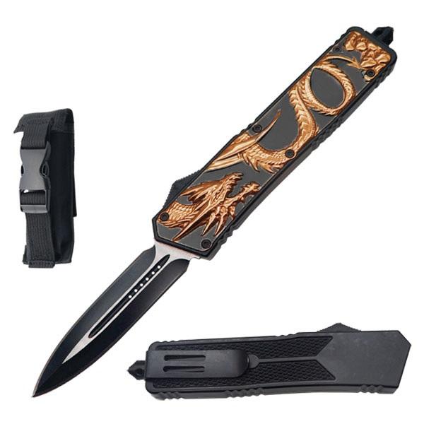 9.5" Rose Gold Dragon OTF Dagger Blade Automatic Knife