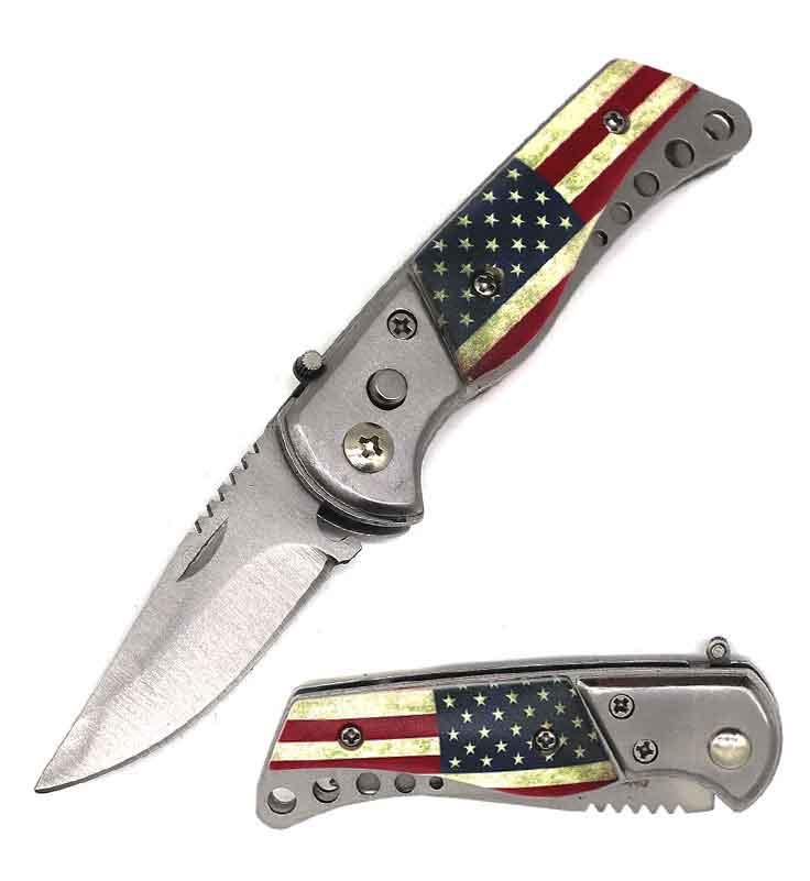 3.25" Closed American Flag Push Button Mini Automatic Pocket Knife image