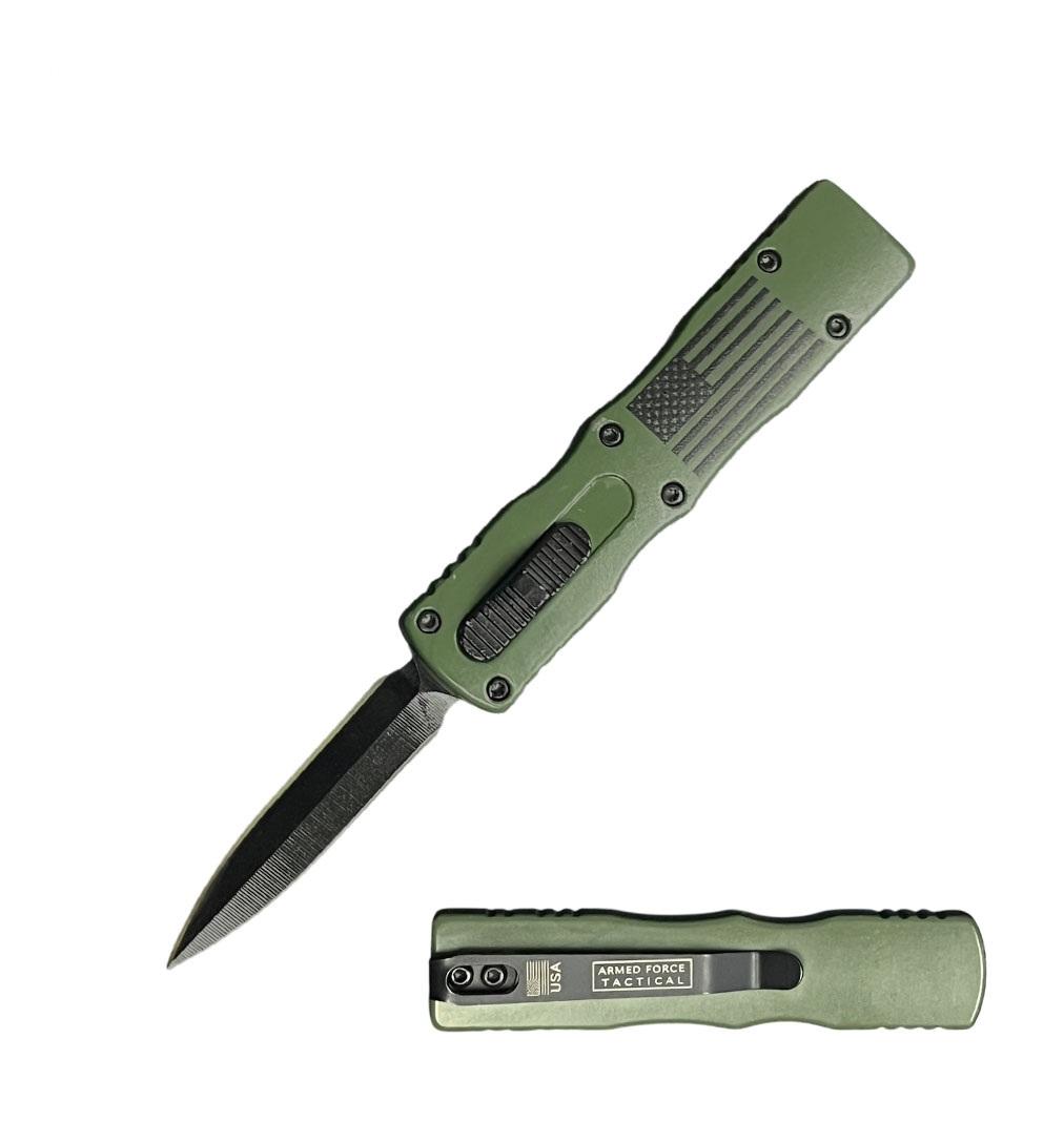 5.25" Rugged American Flag Army Green Handle Mini OTF Automatic Knife image
