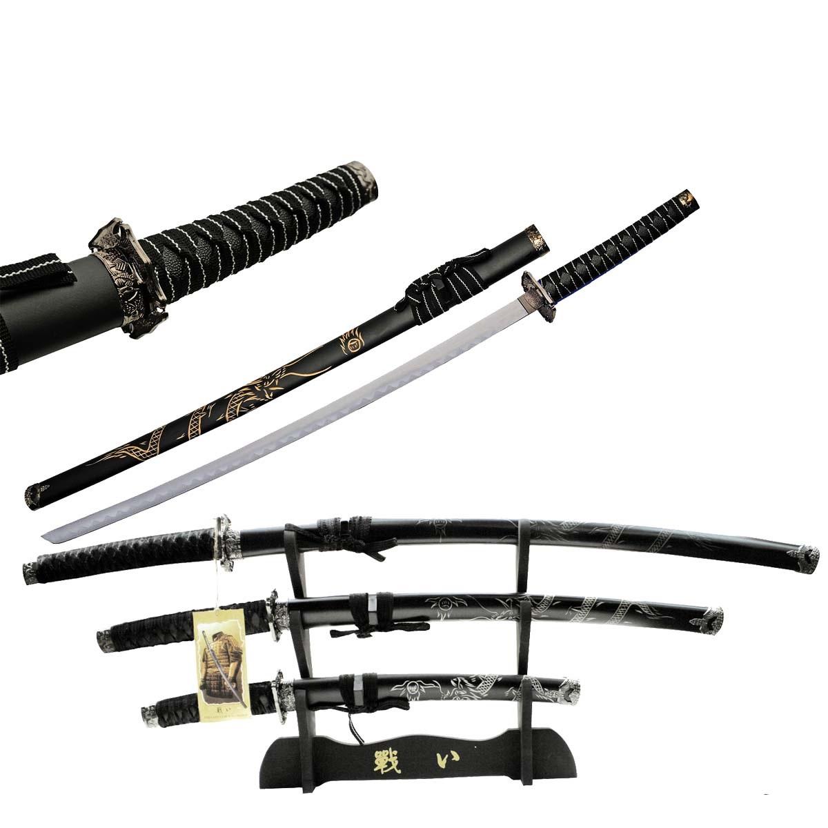 Black 3 Pcs Bushido Dragon Samurai Katana Sword Set with Stand image