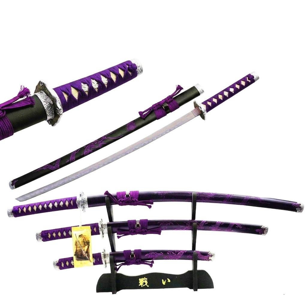 Purple 3 Pcs Bushido Dragon Samurai Katana Sword Set with Stand image