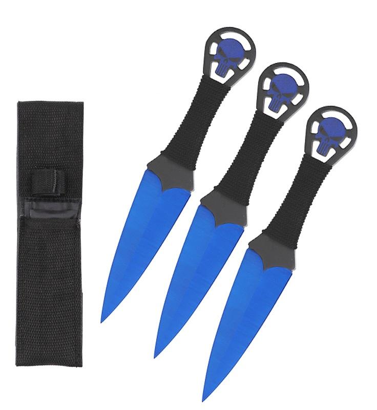 9 Inch Blue Punisher Skull Throwing Knives 3 Pc Set image