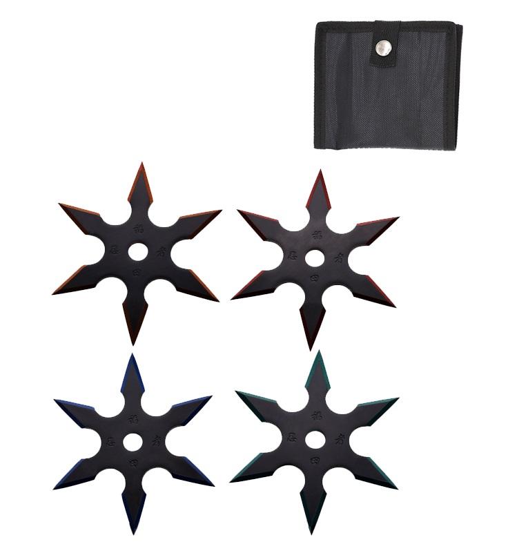 4 Pc Set Ninja Six Point Sure Stick Throwing Stars Shuriken Knife Blade image