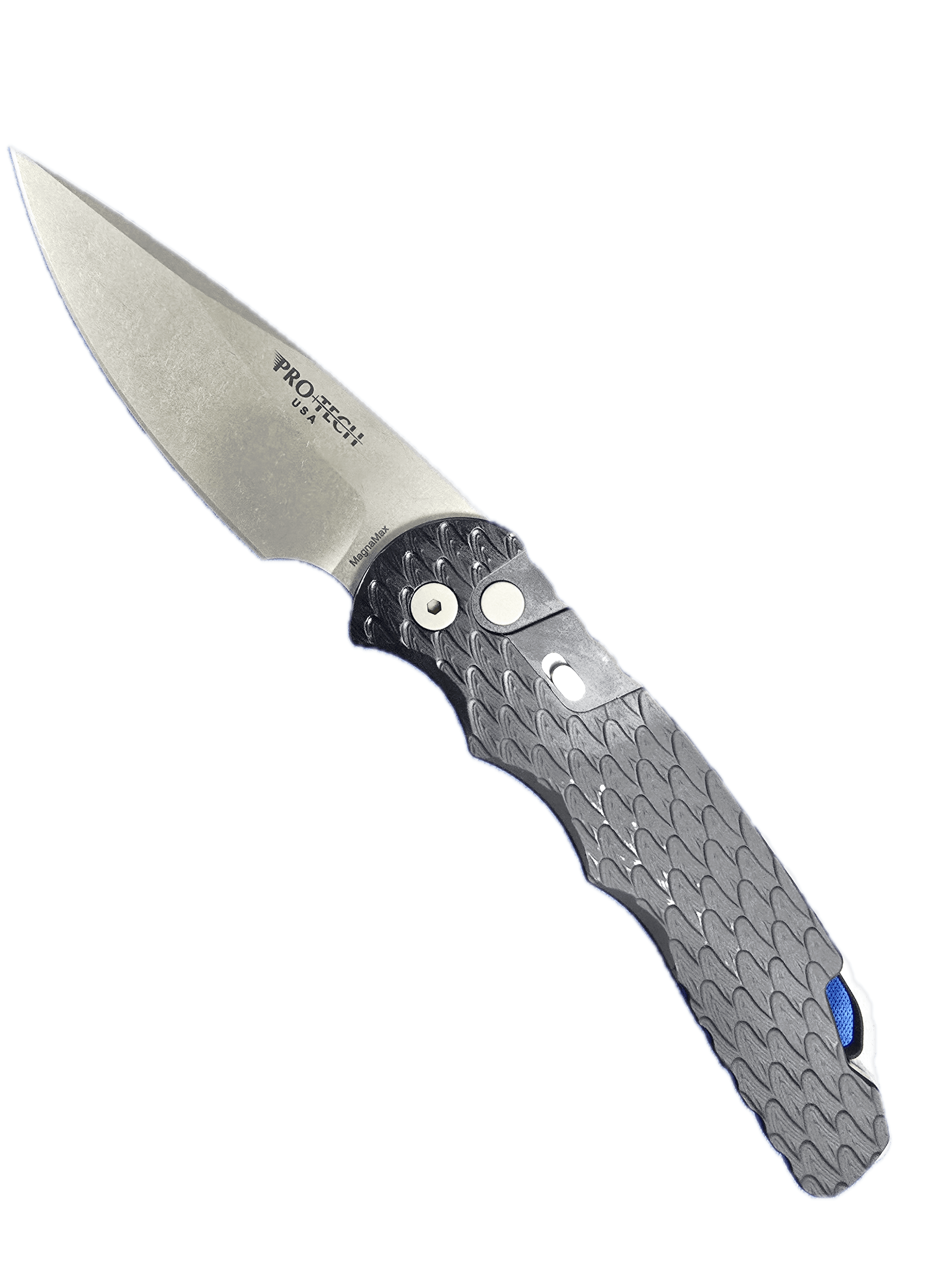 Pro Tech Knives Tactical Response 4, 4 Inch Saber Grind Auto Folder, Steel Secondary Safety, Glass Breaker, Black Handle with 'feather texture', stonewash MagnaMax steel blade, blasted hardware, black deep carry clip