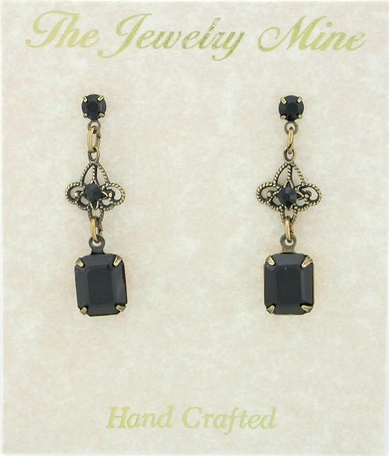 Victorian Style Filigree Crystal Drop Earrings - Jet image
