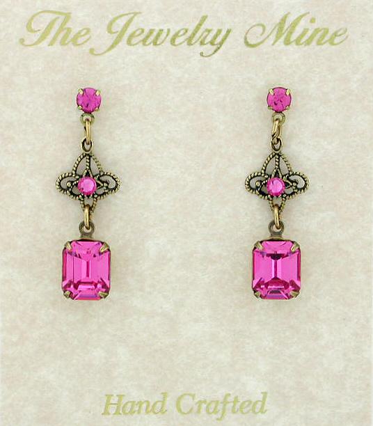 Victorian Style Filigree Crystal Drop Earrings - Pink image