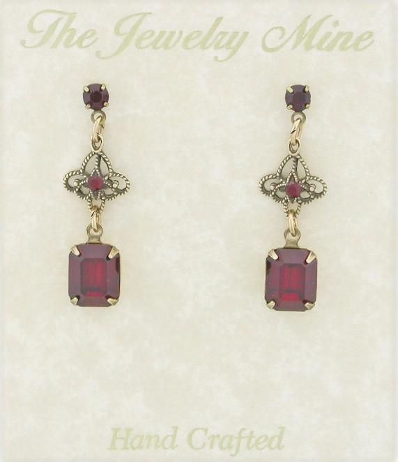 Victorian Style Filigree Crystal Drop Earrings - Ruby image