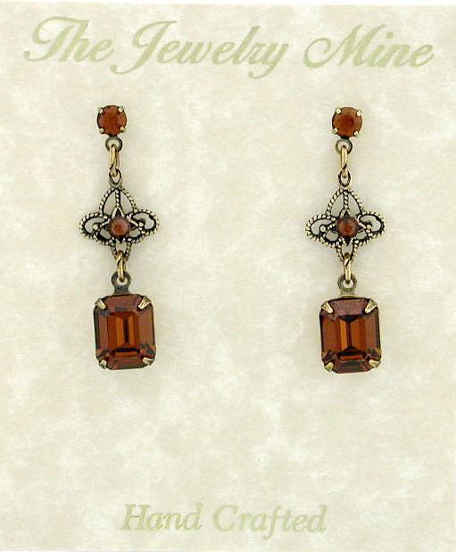 Victorian Style Filigree Crystal Drop Earrings - Smoked Topaz image