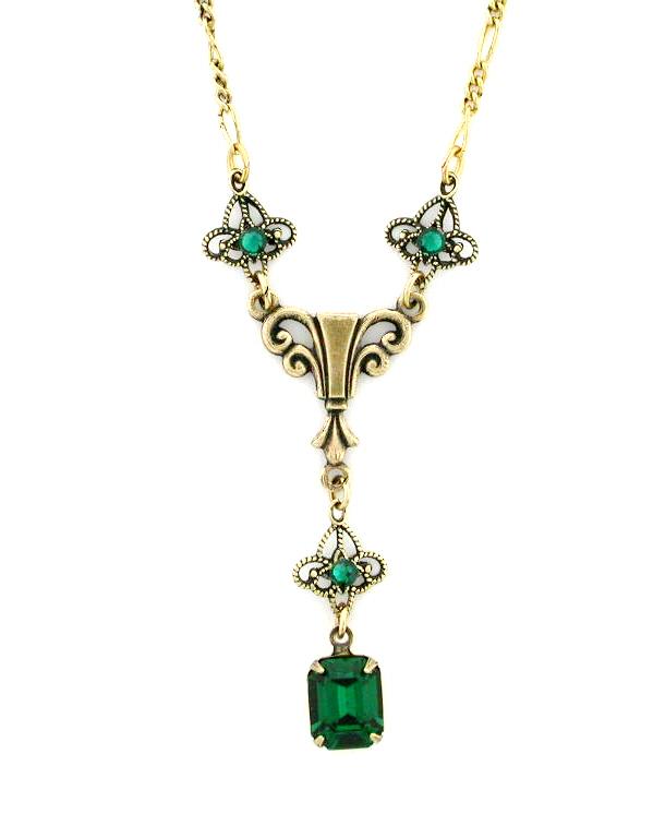 Victorian Style Austrian Crystal Filigree Y-Necklace - Emerald image