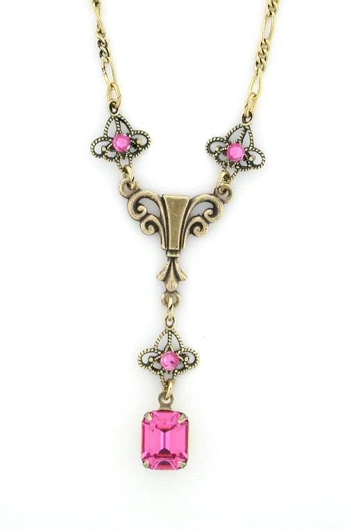 Victorian Style Austrian Crystal Filigree Y-Necklace - Rose Pink image