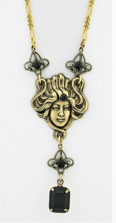 Victorian Face Austrian Crystal Filigree Necklace - Jet image