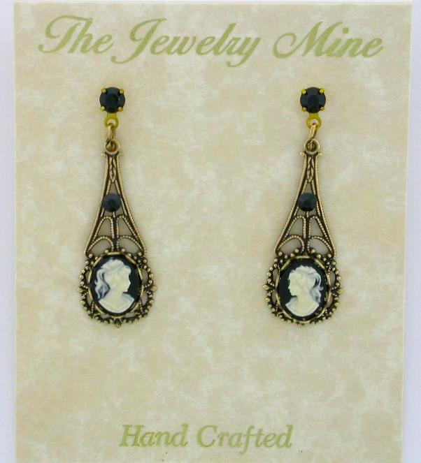 Victorian Style Filigree Cameo Earrings - Jet image