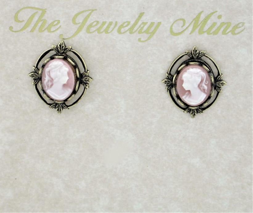 Victorian Style Cameo Button Earrings - Pink image