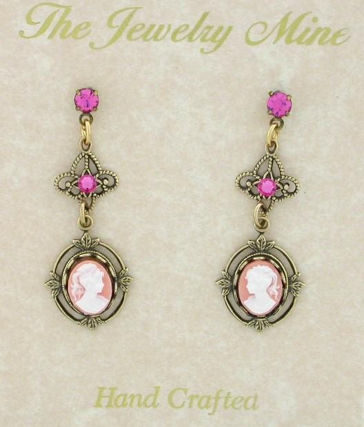 Victorian Style Filigree Cameo Drop Earrings - Pink image