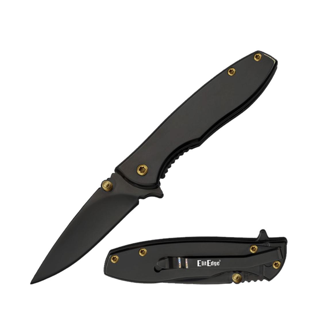 3.75" Closed Black Finish Spring Assist Pocket Knife with Gold Accents image