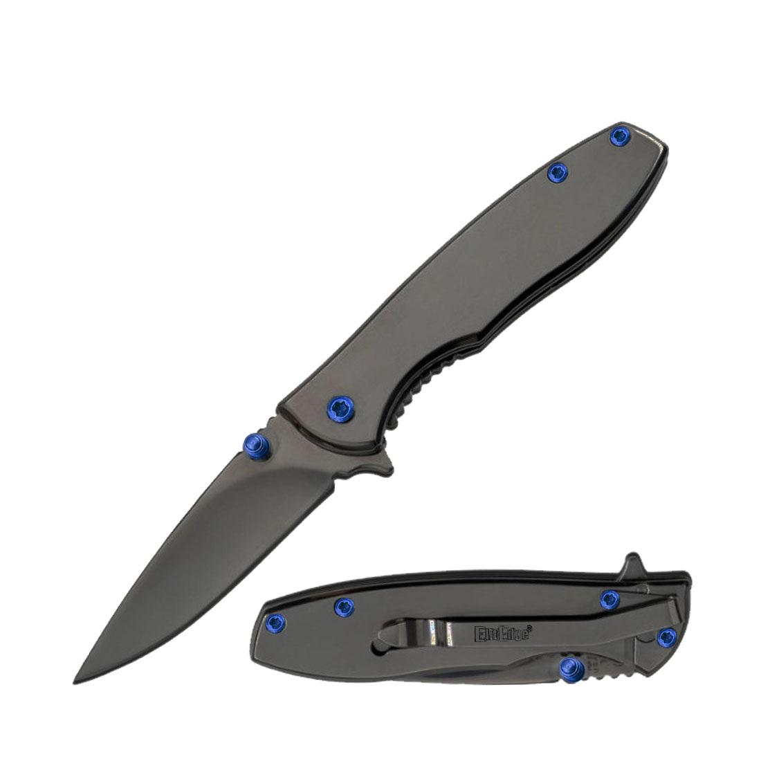 3.75" Closed Grey Finish Spring Assist Pocket Knife with Blue Accents image