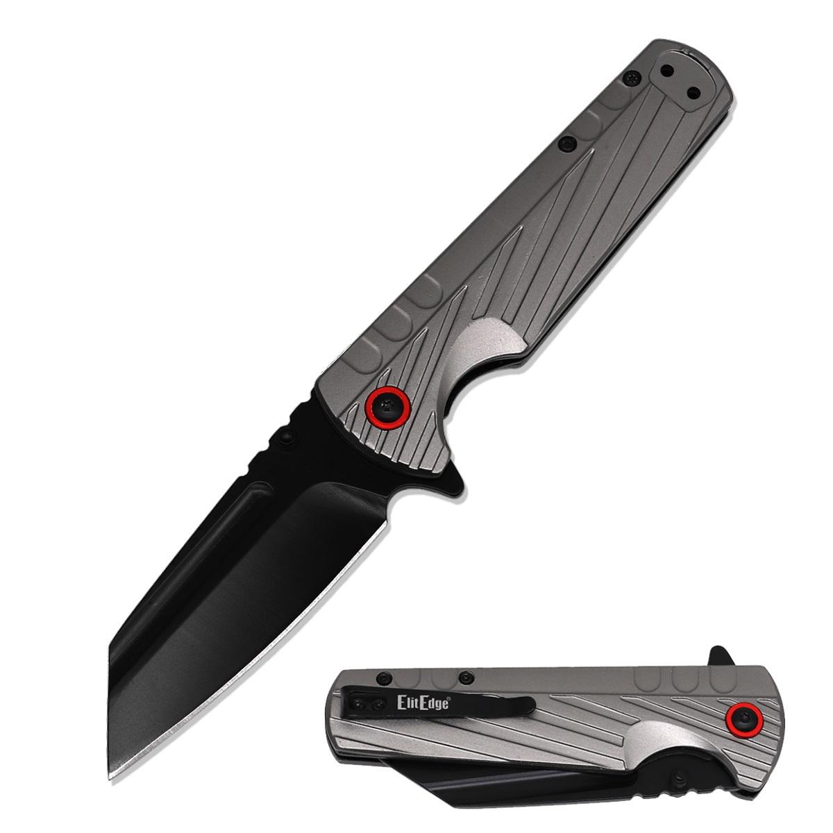 Wharncliffe Cleaver Black Blade Spring Assisted Pocket Knife Grey Handle image