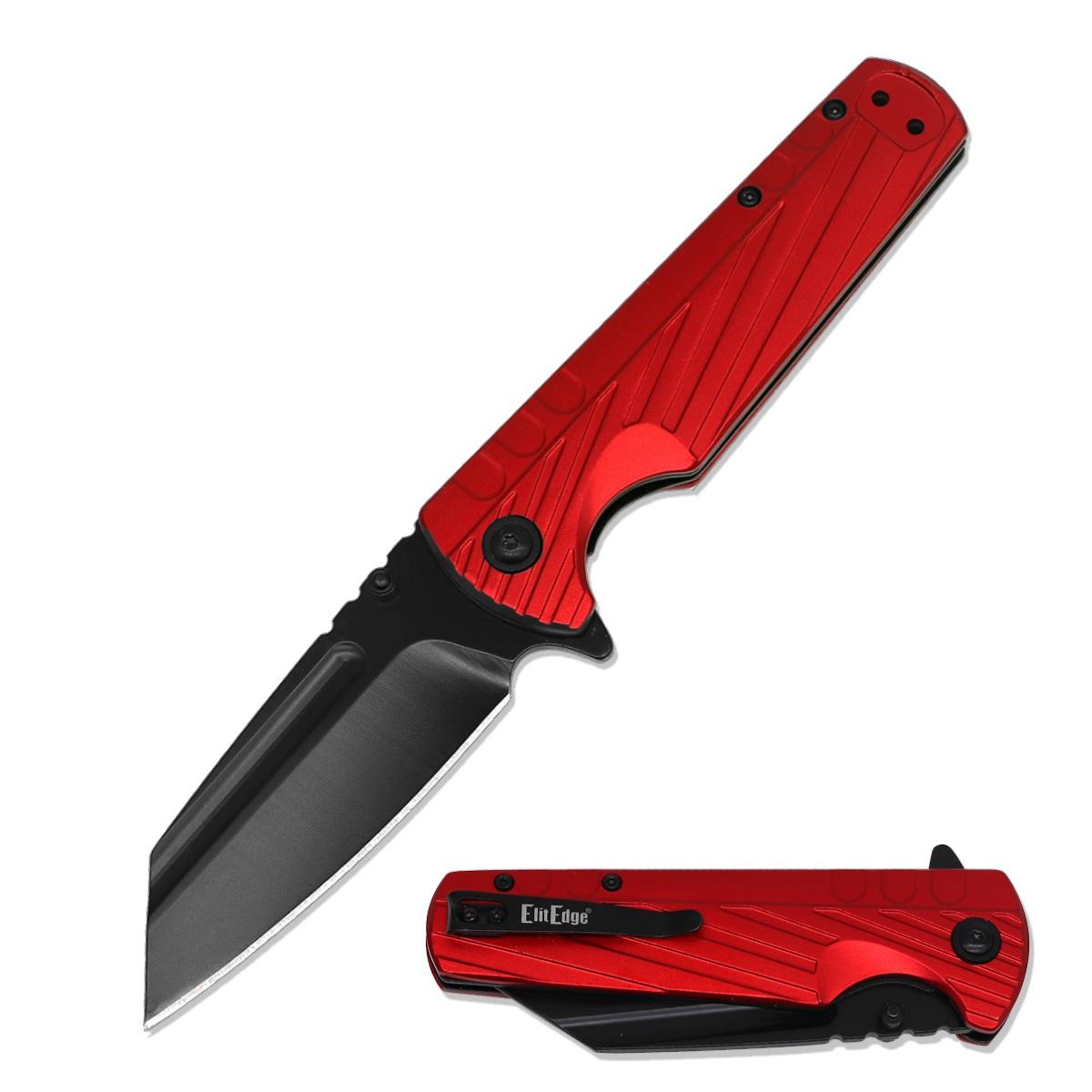 Wharncliffe Cleaver Black Blade Spring Assisted Pocket Knife Red Handle image