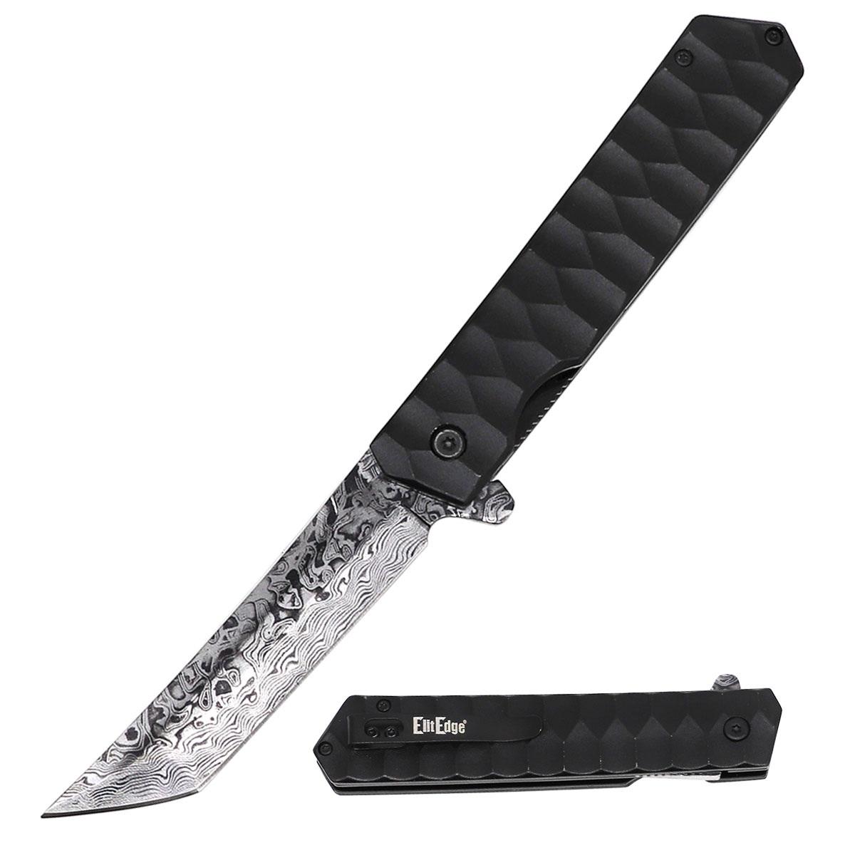 440C Damascus Etched Steel Tanto Blade Spring Assist Pocket EDC Knife image