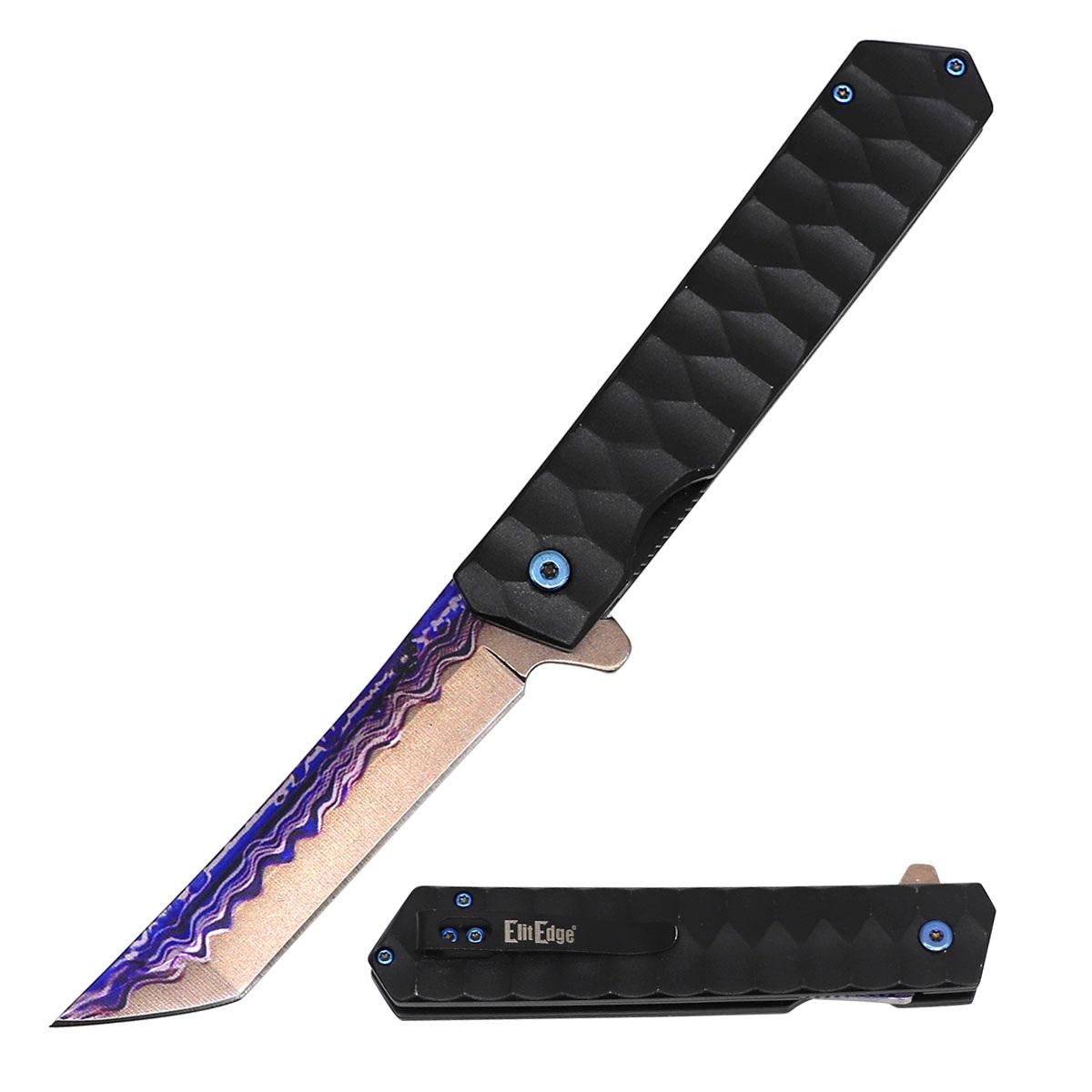 440C Colored Damascus Etched Steel Tanto Blade Spring Assist Pocket EDC Knife image