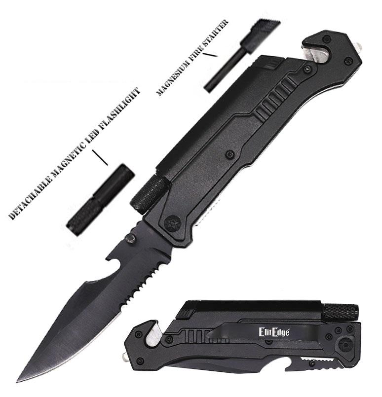 6-in-1 Survival Rescue Folding Spring Assist Pocket Knife with LED Light Tool image