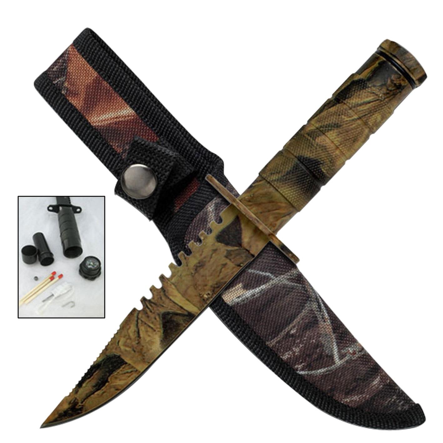 8.5" Outdoor Camo Emergency Fixed Blade Survival Knife with Kit and Compass