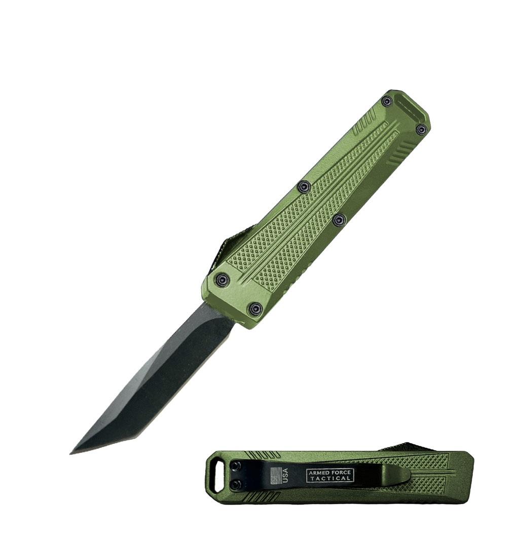 5" Green Tanto Blade Automatic OTF Knife with Belt Clip & Lanyard Hole