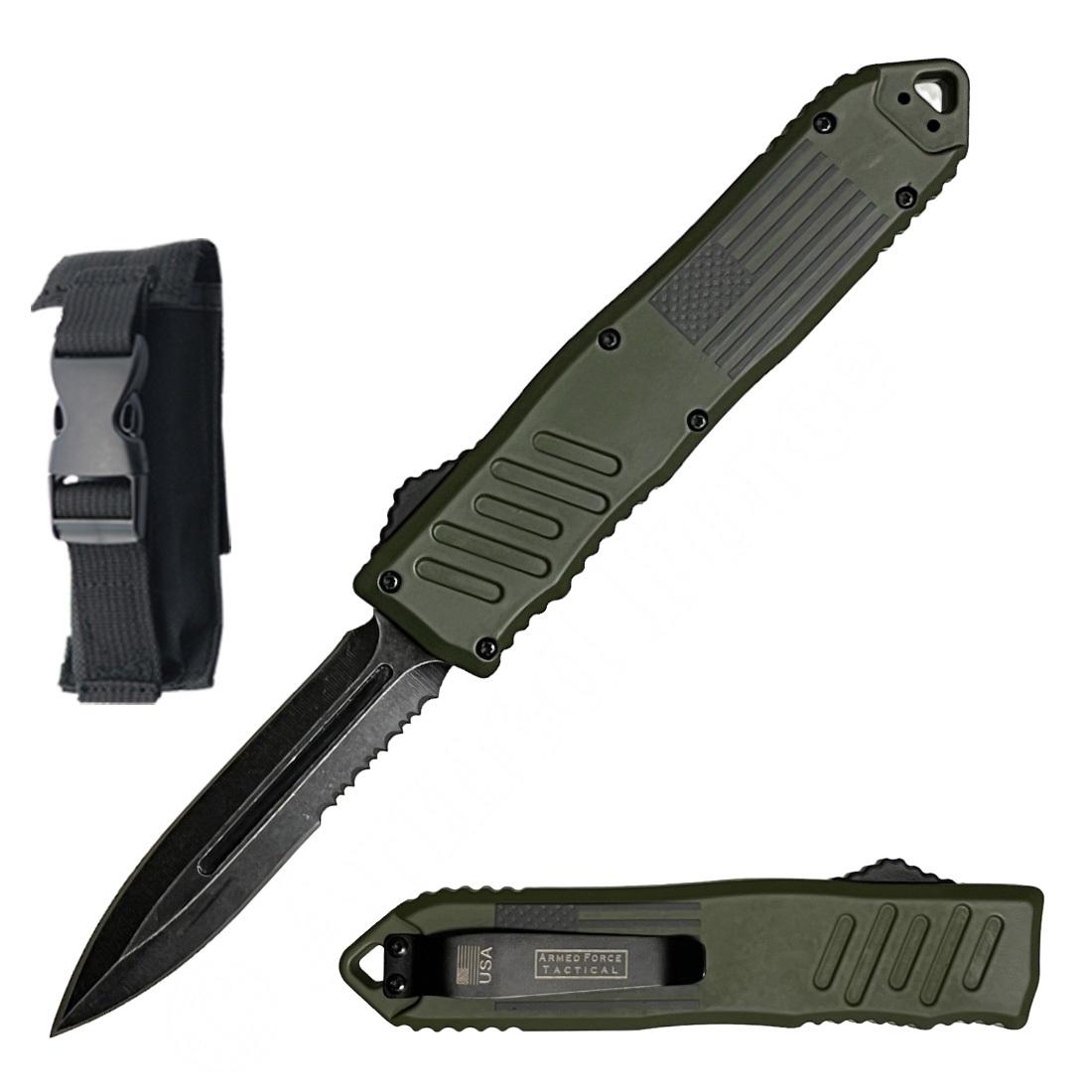 9" American Flag Army Green OTF Dual Action Automatic Knife image